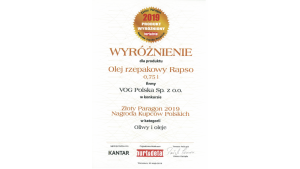 Olej Rapso zdobywa wyróżnienie w konkursie „Złoty Paragon-Nagroda Kupców Polskic